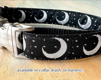 Crescent Moon Dog Collar Leash or Step in Harness Jacquard Black Celestial Dog Necklace Space Lunar Design Dog Accessory Stars Minimalist