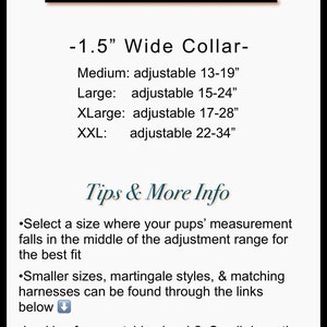 May include: Size chart for a dog collar with a 1.5 inch wide collar. The chart shows the adjustable size range for each size: Medium (13-19 inches), Large (15-24 inches), XLarge (17-28 inches), and XXL (22-34 inches). The chart also includes tips for selecting the right size and information about finding matching harnesses and leashes.