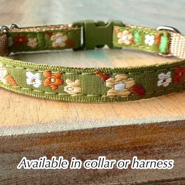 Juniper Moss Breakaway Cat Collar or H Style Walking Harness Green Floral Cat or Kitten Collar Cat Harness Kitten Harness Safety