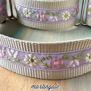 1.5&quot; Lilac Garden Martingale Dog Collar or Leash •  Embroidered • Greyhound Style • M-XXL • Control Loop • Silver Hardware • Buckle Option