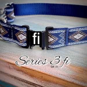 May include: A blue dog collar with a geometric pattern in white and gold. The collar has a black plastic buckle and the text "fi" in white. The words "Series 3 fi or 3+" are also visible.
