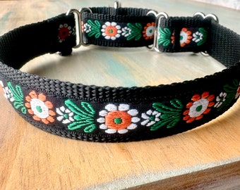 Nordic Flower Martingale Dog Collar Black Humane Choke Collar for Sight Hounds Greyhound Martingale Collar Flower Martingale for Girl Dog