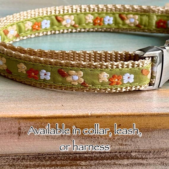 Juniper Moss Dog Collar Dog Leash or Dog Harness for Girl Dog Collar Female Dog Harness Flower Collar Pretty Green Floral Cottagecore