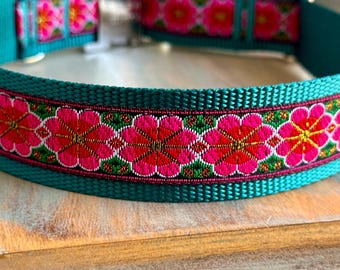 1.5" Passion Flower Dog Collar • or Leash • Large Breed Sizes M-XXL • Nylon Webbing Jacquard Floral Fabric • Quick Release Buckle Hot Pink