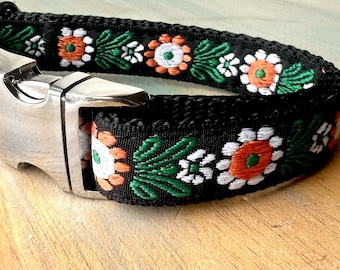 Nordic Flower Jacquard Dog Collar Dog Leash or Dog Harness Black Floral Dog Collar Girl Dog Collar Female Dog Harness Black Dog Gear