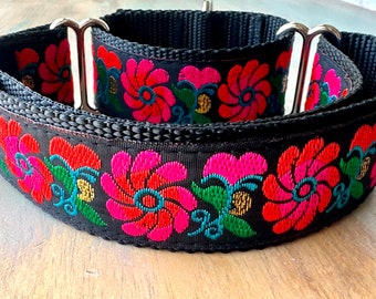 1.5" Neon Floral Jacquard Martingale Dog Collar Black Floral Humane Choke Collar for Large Breed Dog Girl Greyhound Sight Hound Collar