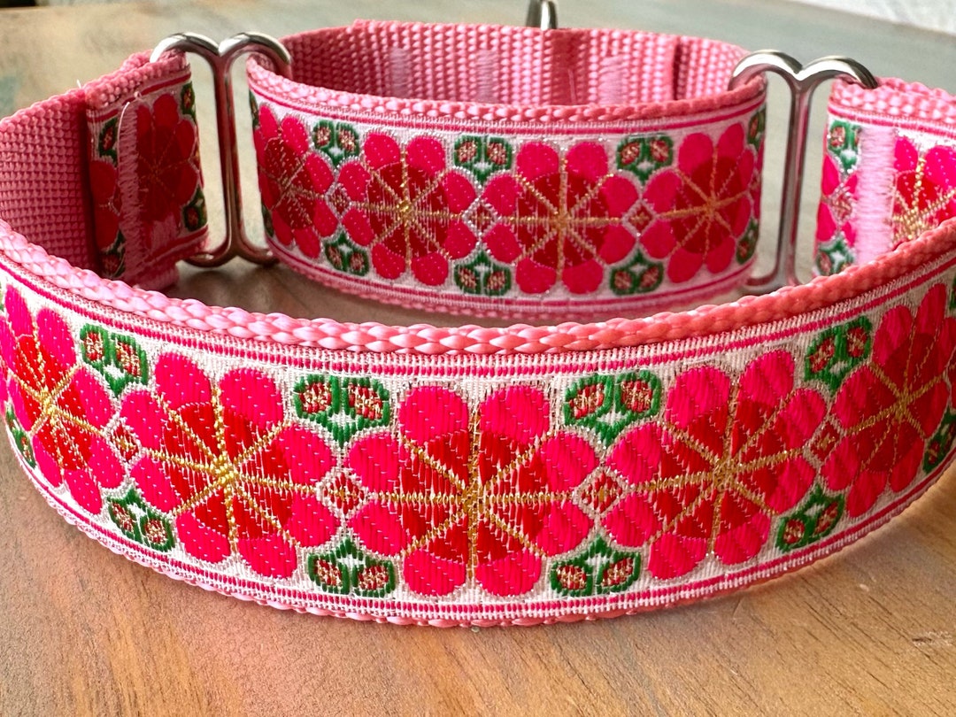 1.5 Pink Cosmos Jacquard Martingale Dog Collar Pink Floral Humane Choke