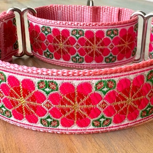 1.5" Pink Cosmos Jacquard Martingale Dog Collar Pink Floral Humane Choke Collar for Large Breed Dog Girl Greyhound Sight Hound Collar