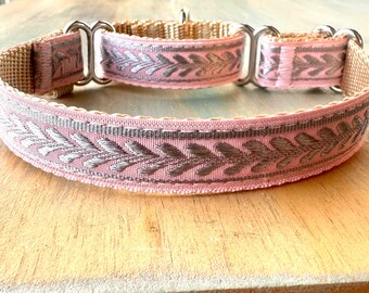 Cinderella Martingale Dog Collar Laurel Dog Collar Pink Martingale Human Choke Collar Metallic Silver and Pink