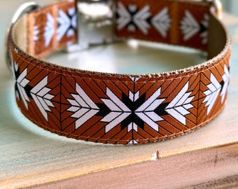 1.5" Rio Grande Dog Collar • or Leash • Large Breed Sizes M-XXL • Nylon Webbing Jacquard Brown Fabric • Quick Release Buckle