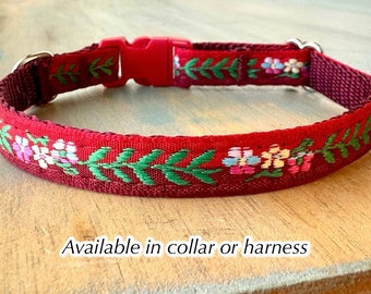 Sunset Cosmos Breakaway Cat Collar or Walking H Style Cat Harness Floral Red Cat Collar or Kitten Collar Kitten Harness Red Cat Collar