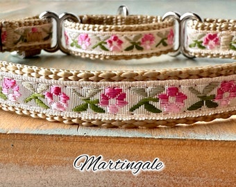 Pale Peony Martingale Dog Collar or Leash Pretty Floral Humane Choke Collar Flower Martingale for Girl Dog Green Cottagecore