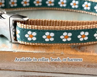 Dogwood Flower Jacquard Dog Collar Dog Leash or Step in dog Harness Green Dog Collar Floral Dog Harness Dog Leash Flower