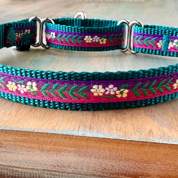 Summer Cosmo Martingale Dog Collar or Leash Teal Floral Humane Choke Collar Purple Pink Flower Martingale for Girl Dog