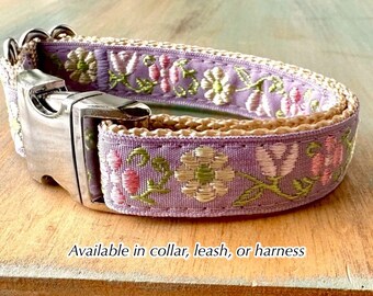 Lilac Garden Dog Collar Dog Leash or Dog Harness Lavender Floral Dog Collar Girl Dog Collar Female Dog Harness Purple Dog Gear