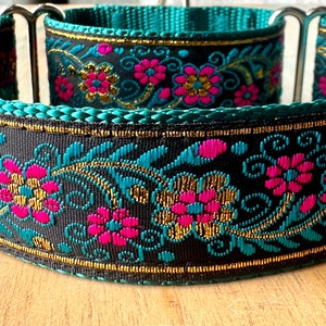 1.5" Enchanted Garden Martingale Dog Collar Black Floral Humane Choke Collar for Large Breed Dog Girl Greyhound Sight Hound Collar