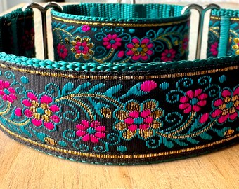 1.5" Enchanted Garden Martingale Dog Collar Black Floral Humane Choke Collar for Large Breed Dog Girl Greyhound Sight Hound Collar