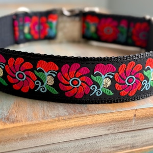 1.5" Neon Floral Dog Collar • or Leash • Large Breed Sizes M-XXL • Nylon Webbing • Jacquard Floral Fabric • Quick Release Buckle • Black