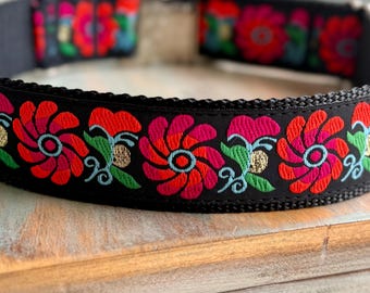1.5" Neon Floral Dog Collar • or Leash • Large Breed Sizes M-XXL • Nylon Webbing • Jacquard Floral Fabric • Quick Release Buckle • Black