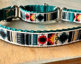 Southwest Teal Martingale Dog Collar Sight Hound Humane Choke Collar Boy Slip Collar Green Aztec Design