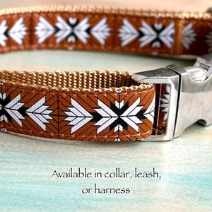 Rio Grande Dog Collar • Leash • or Step-in Dog Harness • XS-XL • Quick Release Buckle • Silver Hardware • Jacquard Rust Brown Aztec Design