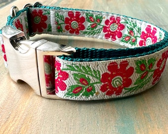 Winter Hibiscus Dog Collar Leash or Harness Step In Harness for Girl Dog Female Dog Collar White Dog Collar Floral Harness for Dog Teal