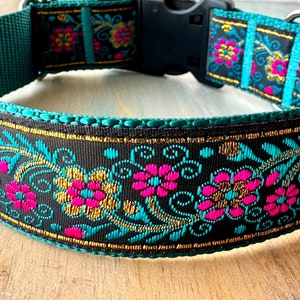 1.5" Enchanted Garden Teal Dog Collar Jacquard Black Floral Teal and Gold Accents Dog Collar for Girl