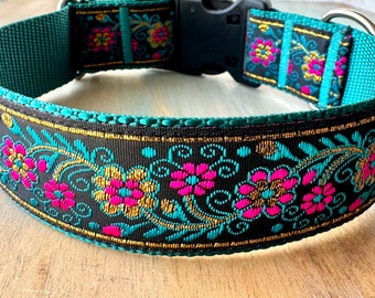 1.5" Enchanted Garden Teal Dog Collar Jacquard Black Floral Teal and Gold Accents Dog Collar for Girl