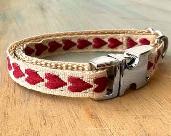 Sweet Hearts Woven Teacup Dog Collar Dog Leash or Step-in Dog Harness Dogs Under Ten Pounds Minimalist Dog Collar Girl Dog Love Harness