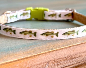 Fishy Breakaway Cat Collar • or H Style Harness • 3/8” Wide Soft White Grosgrain • Lightweight Metal• Fishing Design • Farm Life • Lime