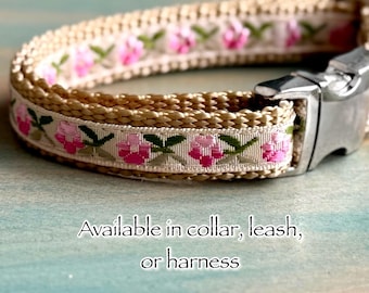 Pale Peony Dog Collar Dog Leash or Dog Harness for Girl Dog Collar Female Dog Harness Flower Collar Pretty