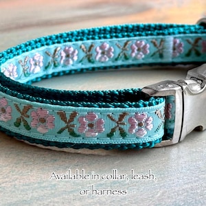 Mermaid Garden Dog Collar Dog Leash or Dog Harness for Girl Dog Collar Female Dog Harness Flower Collar Pretty Blue Teal Floral