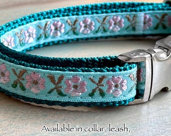 Mermaid Garden Dog Collar Dog Leash or Dog Harness for Girl Dog Collar Female Dog Harness Flower Collar Pretty Blue Teal Floral