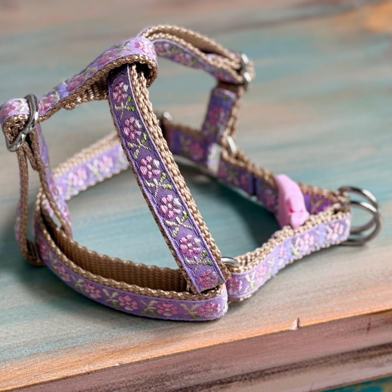 Collar pequeño de color lila para perro, correa o arnés para perro, collar para perro niña, arnés para perro hembra, collar de flores, bonito collar floral morado lavanda imagen 6