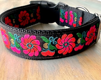 1.5" Neon Floral Dog Collar Jacquard Tough Fabric Gold Detail Hot Pink Flower Dog Collar for Extra Large Dogs