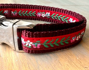 Sunset Cosmos Dog Collar Dog Leash or Dog Harness For Female Girl Dog Collar Red Step in Harness Red Floral Collar Burgundy Flower Dog