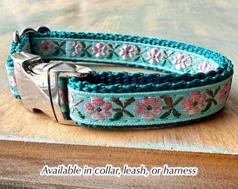 Mermaid Garden Dog Collar Dog Leash or Dog Harness for Girl Dog Collar Female Dog Harness Flower Collar Pretty Blue Teal Floral