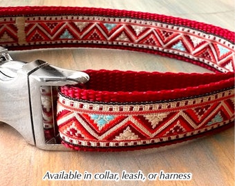 Southwestern Twilight Dog Collar Leash or Harness Aztec Red Design for Boy Dog Quick Release Buckle Step in Harness Small to XL
