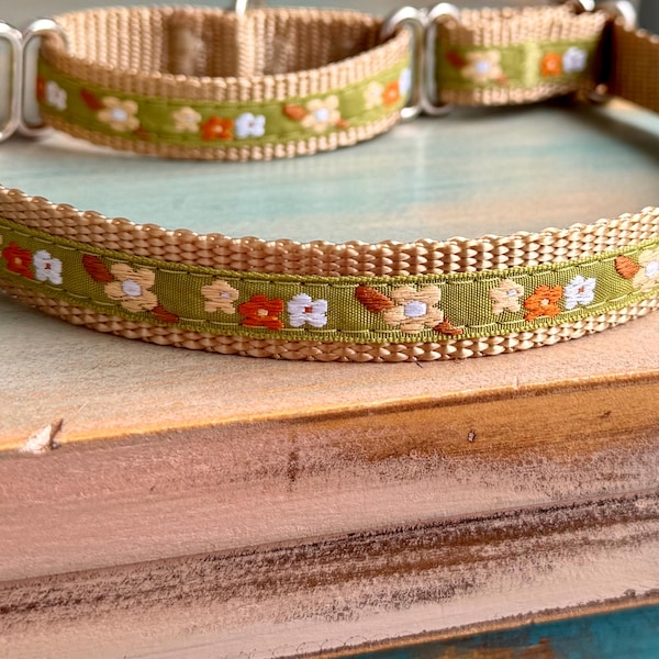 Juniper Moss Martingale Dog Collar or Leash Pretty Floral Humane Choke Collar Flower Martingale for Girl Dog Green Cottagecore