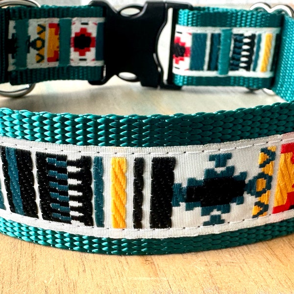 1.5" Southwest Teal Dog Collar Jacquard Aztec Dog Collar Southwestern Design Collar for Boy Dog or Unisex for Large Breed Dog