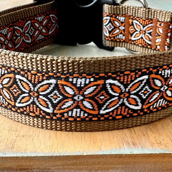 1.5" Spiced Chai Dog Collar Soft Woven Fabric Dog Collar for Male Dog Brown Collar for Large Breed Dog Orange