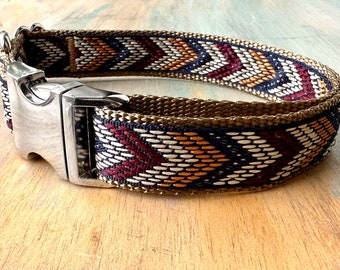 Whiskey River Dog Collar Leash or Harness Soft Brown Woven Design for Boy Dog Quick Release Buckle Step in Harness Chevron