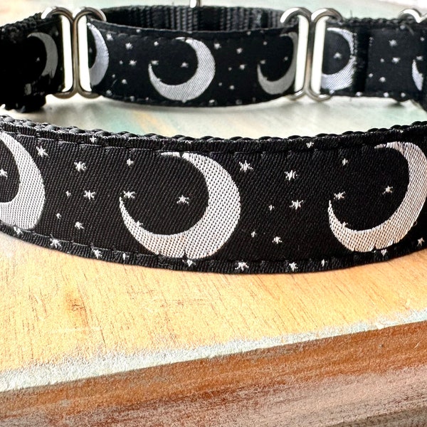 Crescent Moon Martingale Dog Collar or Leash Celestial Humane Choke Collar Stars Black Collar Lunar Luna Dog Whippet Collar Sight Hound