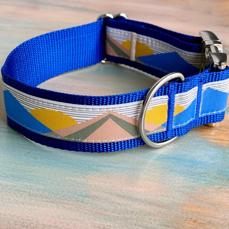 1.5" Alpine Glow Dog Collar • or Leash • Medium-XXL •Quick Release Silver Metal Buckle • Blue Yellow Accessory Strong Mountain Landscape image 3