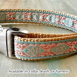 Metallic Art Deco Dog Collar Dog Leash or Dog Harness Step in Harness for Girl Dog Female Dog Collar Coral