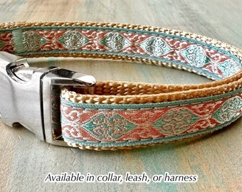 Metallic Art Deco Dog Collar Dog Leash or Dog Harness Step in Harness for Girl Dog Female Dog Collar Coral