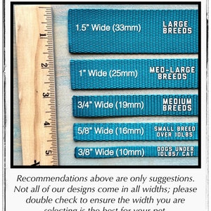 May include: A teal-colored pet product guide displays various widths, including 1.5" (33mm), 1" (25mm), 3/4" (19mm), 5/8" (16mm), and 3/8" (10mm). Each width is labeled with the recommended breed size. The text also advises to double-check the width for the pet.