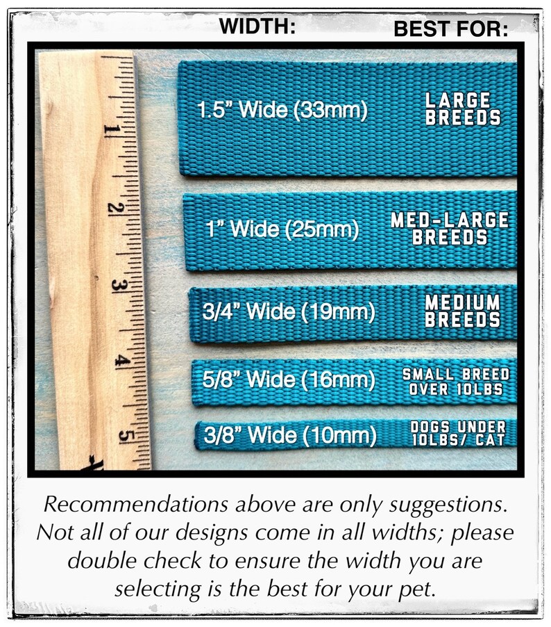 May include: A teal-colored pet product guide displays various widths, including 1.5" (33mm), 1" (25mm), 3/4" (19mm), 5/8" (16mm), and 3/8" (10mm). Each width is labeled with the recommended breed size. The text also advises to double-check the width for the pet.
