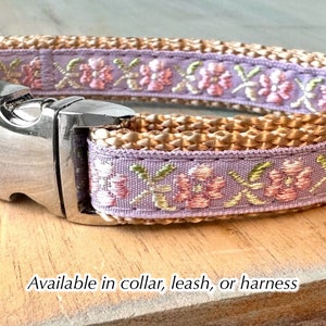 Petite Lilac Dog Collar Dog Leash or Dog Harness for Girl Dog Collar Female Dog Harness Flower Collar Pretty Lavender Purple Floral