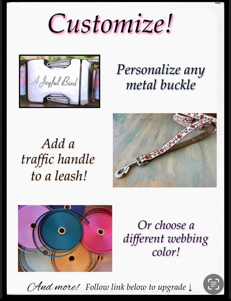 Puede incluir: Personaliza tu correa para perro con una hebilla de metal personalizada, una manija de tr&aacute;fico y una variedad de colores de correas. La imagen muestra una hebilla de metal blanco con el texto "A Joyful Bird" grabado en ella, una correa con un patr&oacute;n floral y una selecci&oacute;n de correas de colores.
